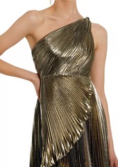 Mac Duggal Metallic Pleated One-Shoulder Faux-Wrap Gown