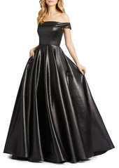 Mac Duggal Off-The-Shoulder Metallic Pleated Ball Gown