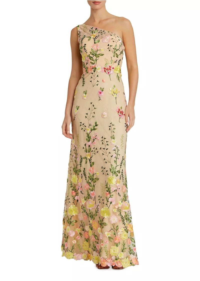 Mac Duggal One-Shoulder Floral Embroidered Gown