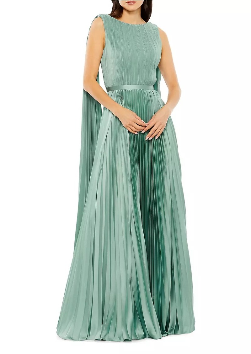 Mac Duggal Pleated Charmeuse Cape A-Line Gown