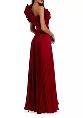 Mac Duggal Pleated Charmeuse Ruffle One-Shoulder A-Line Gown