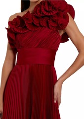 Mac Duggal Pleated Charmeuse Ruffle One-Shoulder A-Line Gown