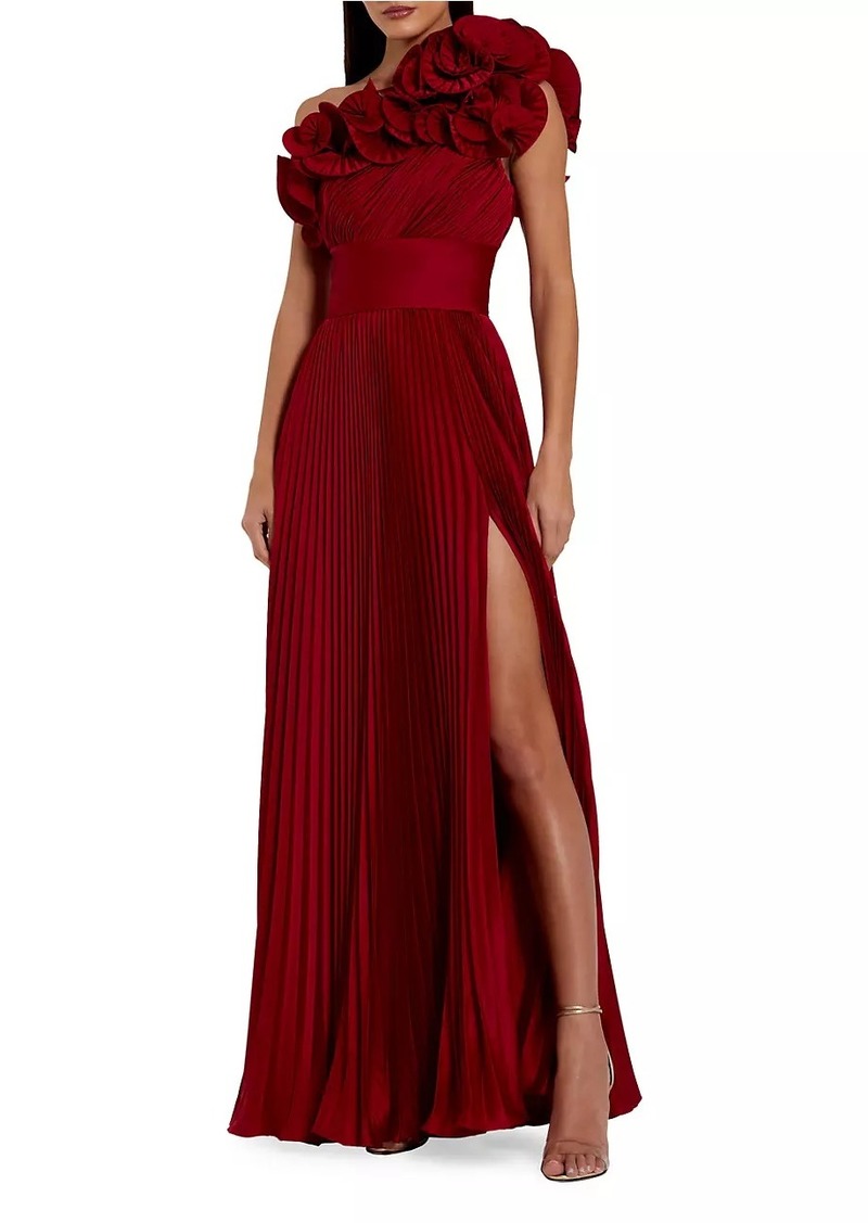 Mac Duggal Pleated Charmeuse Ruffle One-Shoulder A-Line Gown