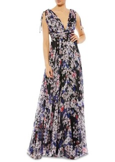 Mac Duggal Pleated Empire Waist Floral A Line Gown