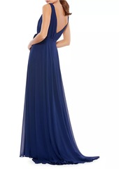 Mac Duggal Pleated V-Neck Draped Tie Gown