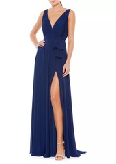 Mac Duggal Pleated V-Neck Draped Tie Gown