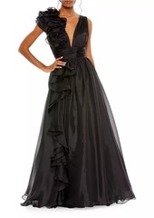 Mac Duggal Ruffle Shoulder V-Neck Gown