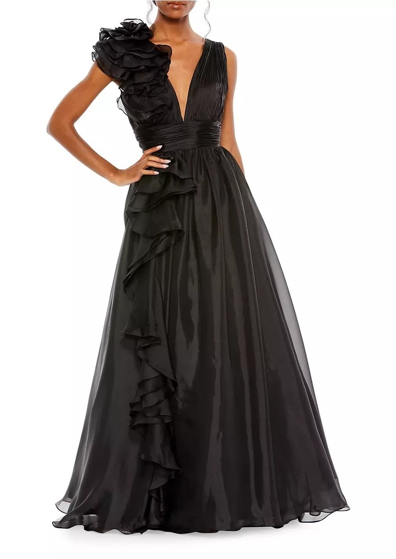 Mac Duggal Ruffle Shoulder V-Neck Gown