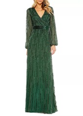 Mac Duggal Sequin-Embellished Bishop-Sleeve Gown