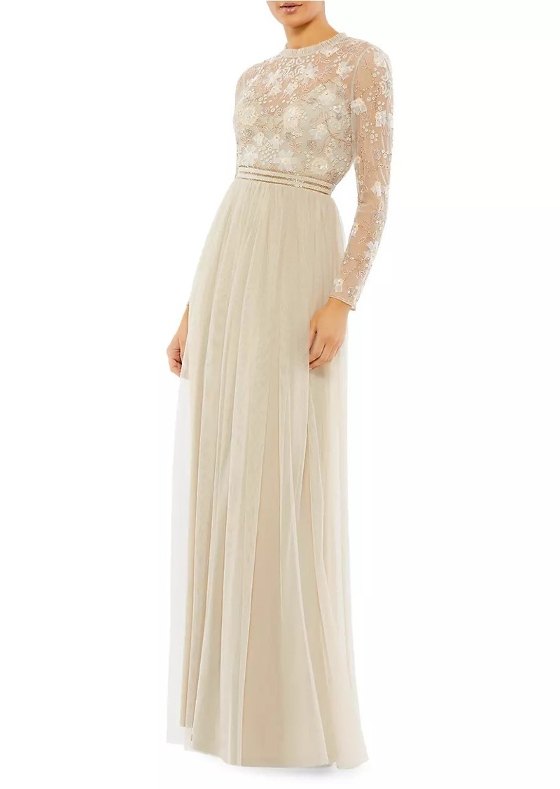 Mac Duggal Sequin-Embellished Long-Sleeve Gown