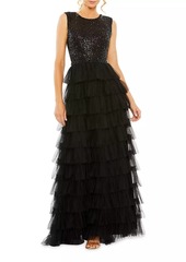 Mac Duggal Sequin Tulle Ruffled Gown