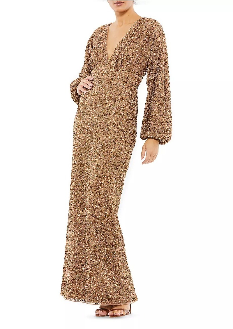 Mac Duggal Sequined Bishop Sleeve Column Gown