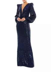 Mac Duggal Sequined Blouson-Sleeve Plunge Gown