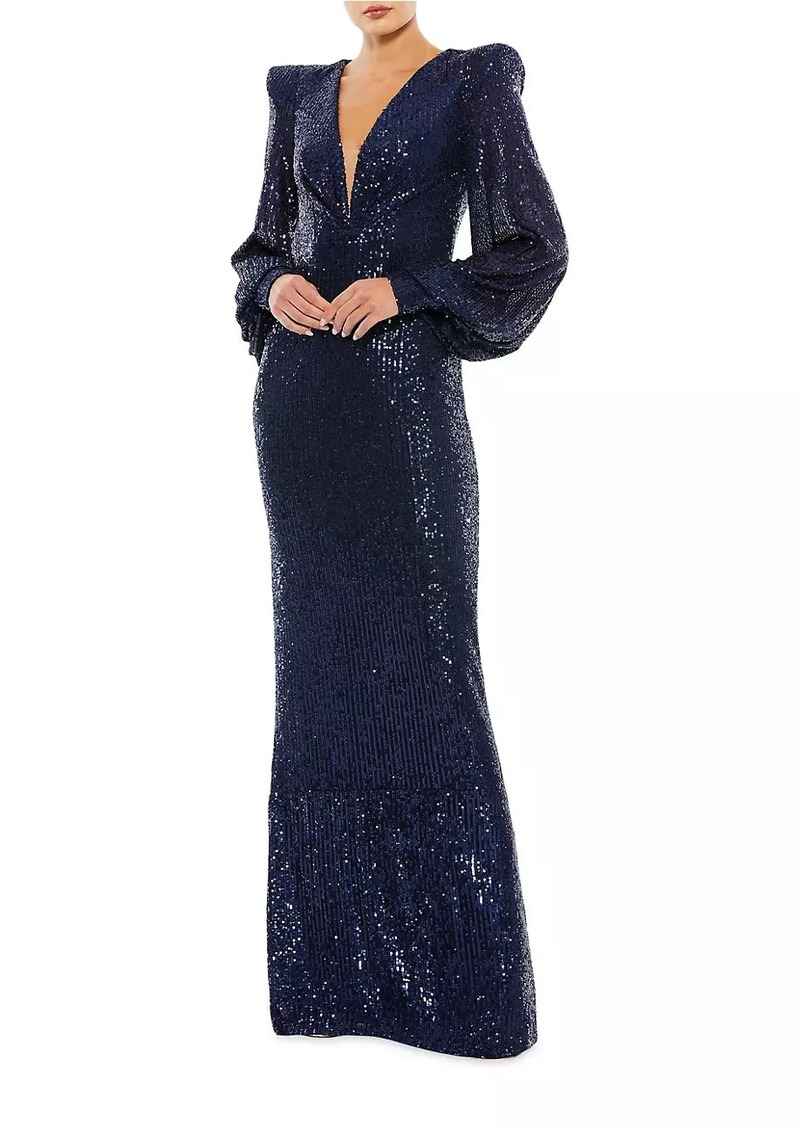 Mac Duggal Sequined Blouson-Sleeve Plunge Gown