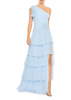 Mac Duggal Tiered Chiffon One-Shoulder Gown