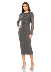 Mac Duggal Women's beaded Tea Length Dress w/ Sheer Sleeves - Charcoal