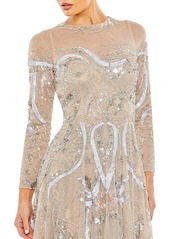 Mac Duggal Women's Embellished Illusion High Neck Long Sleeve A Line - Nude