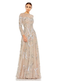 Mac Duggal Women's Embellished Illusion High Neck Long Sleeve A Line - Nude
