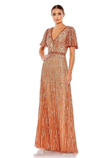 Mac Duggal Women's Embellished V Neck Butterfly Sleeve Column Gown - Copper