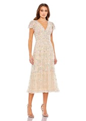 Mac Duggal Embroidered V Neck Cap Sleeve Midi Dress - Nude multi