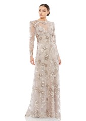 Mac Duggal Women's Floral Embroidered Illusion Long Sleeve Evening Gown - Mocha