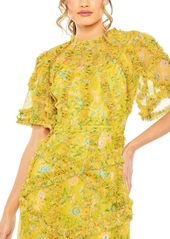 Mac Duggal Women's Floral Flutter Sleeve Mesh Print Dress - Yellow multi