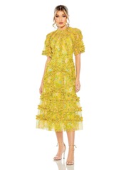 Mac Duggal Women's Floral Flutter Sleeve Mesh Print Dress - Yellow multi