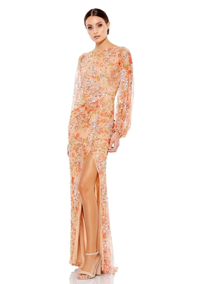 Mac Duggal Women's Floral Print Sequined Puff Sleeve Gown - Apricot