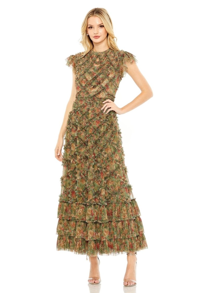 Mac Duggal Women's High Neck Ruffle Cap Sleeve Floral Dress - Green multi