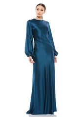 Mac Duggal Women's Ieena Satin Long Blouson Sleeve Evening Gown - Sapphire
