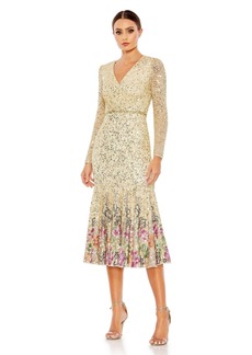 Mac Duggal Women's Long Sleeve Faux Wrap Embellished Tea Length Dress - Gold multi