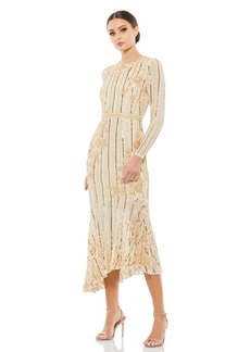 Mac Duggal Women's Long Sleeve Tea Length Dress - Nude gold