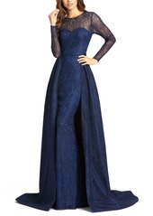 Mac Duggal Long Sleeve Lace Column Gown with Overskirt in Navy at Nordstrom