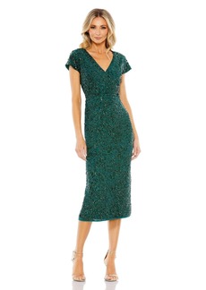 Mac Duggal Women's Sequined Short Sleeve Wrap Over Cocktail Dress - Deep emerald
