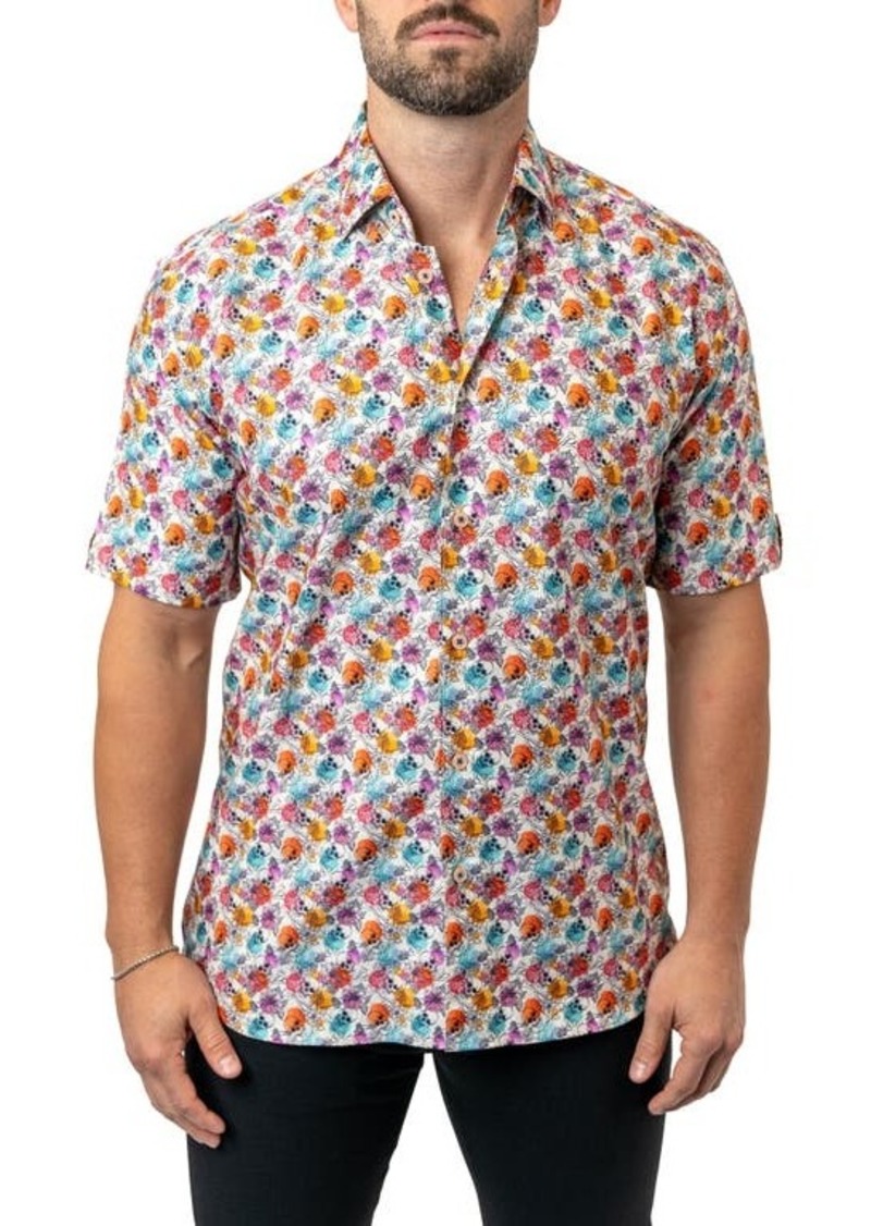 Maceoo Galileo Floral Skull 12 White Contemporary Fit Short Sleeve Button-Up Shirt at Nordstrom