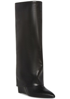 Madden Girl Evander Wide-Calf Fold-Over Cuffed Knee High Wedge Dress Boots - Black