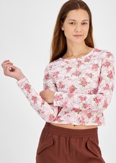 Madden Girl Juniors' Floral-Print Cropped Lace Long Sleeve - Coquette R