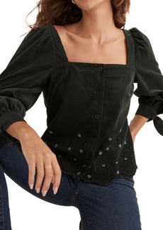 Madewell Embroidered Eyelet Corduroy Tie Sleeve Top in Dark Palm at Nordstrom