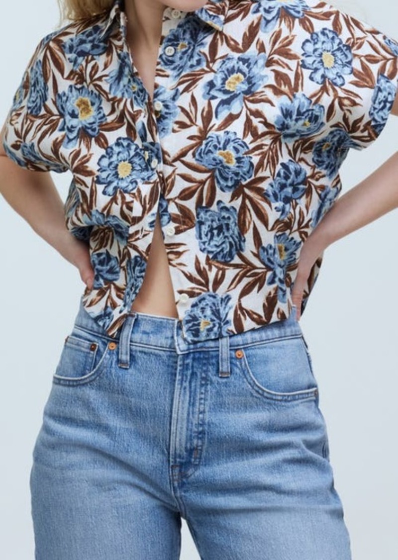 Madewell Floral Short Sleeve Linen Crop Button-Up Shirt