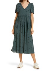Madewell Tossed Dot Puff Sleeve V-Neck Midi Dress in Midnight Green at Nordstrom