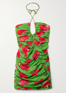 Magda Butrym Cutout Ruched Floral-print Stretch-silk Twill Halterneck Mini Dress