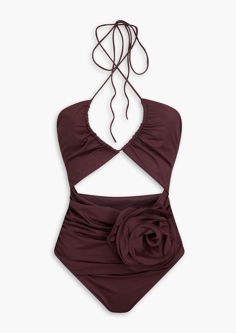 Magda Butrym - Appliquéd cutout ruched halterneck swimsuit - Burgundy - FR 34