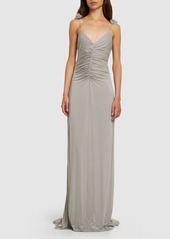 Magda Butrym Ruched Jersey Long Slip Dress W/roses