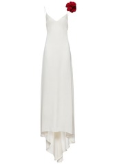 Magda Butrym Satin Silk Long Dress W/ 3d Rose Detail