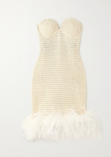 Magda Butrym Strapless Feather-trimmed Crocheted Cotton-blend Mini Dress
