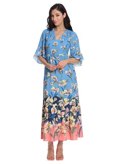 Maggy London London Times Women's Floral Printed V-Neck Tiered Maxi with Ruffle Elbow Sleeves and Border Hem