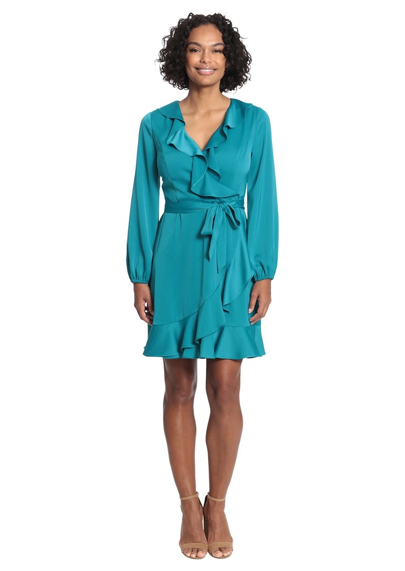 Maggy London London Times Women's Long Sleeve Surplus V-Neck Faux Wrap Dress with Ruffle Details