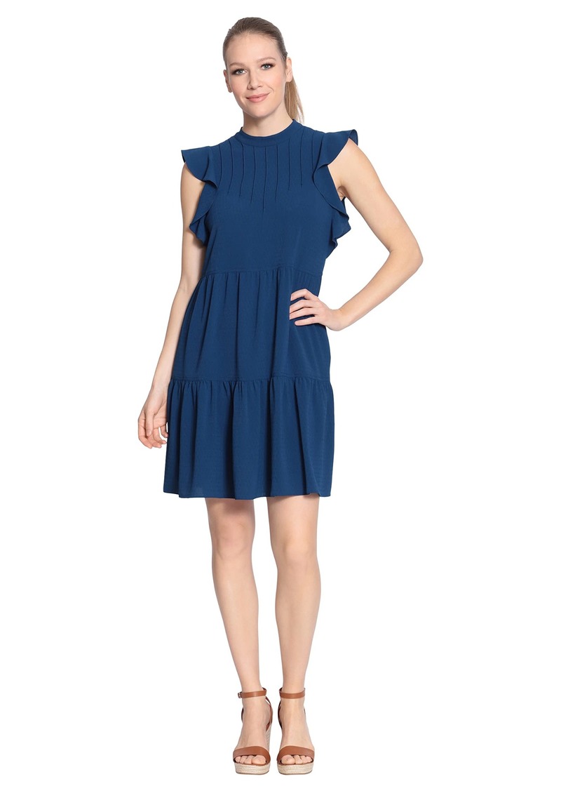 Maggy London London Times Women's Mock Neck Pin Tuck Tiered Dress