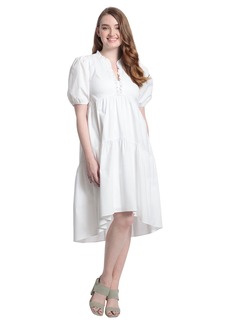 Maggy London London Times Women's Plus Size Short Sleeve Ruffle V-Neck Tiered Hi-Low Tent Dress  14W