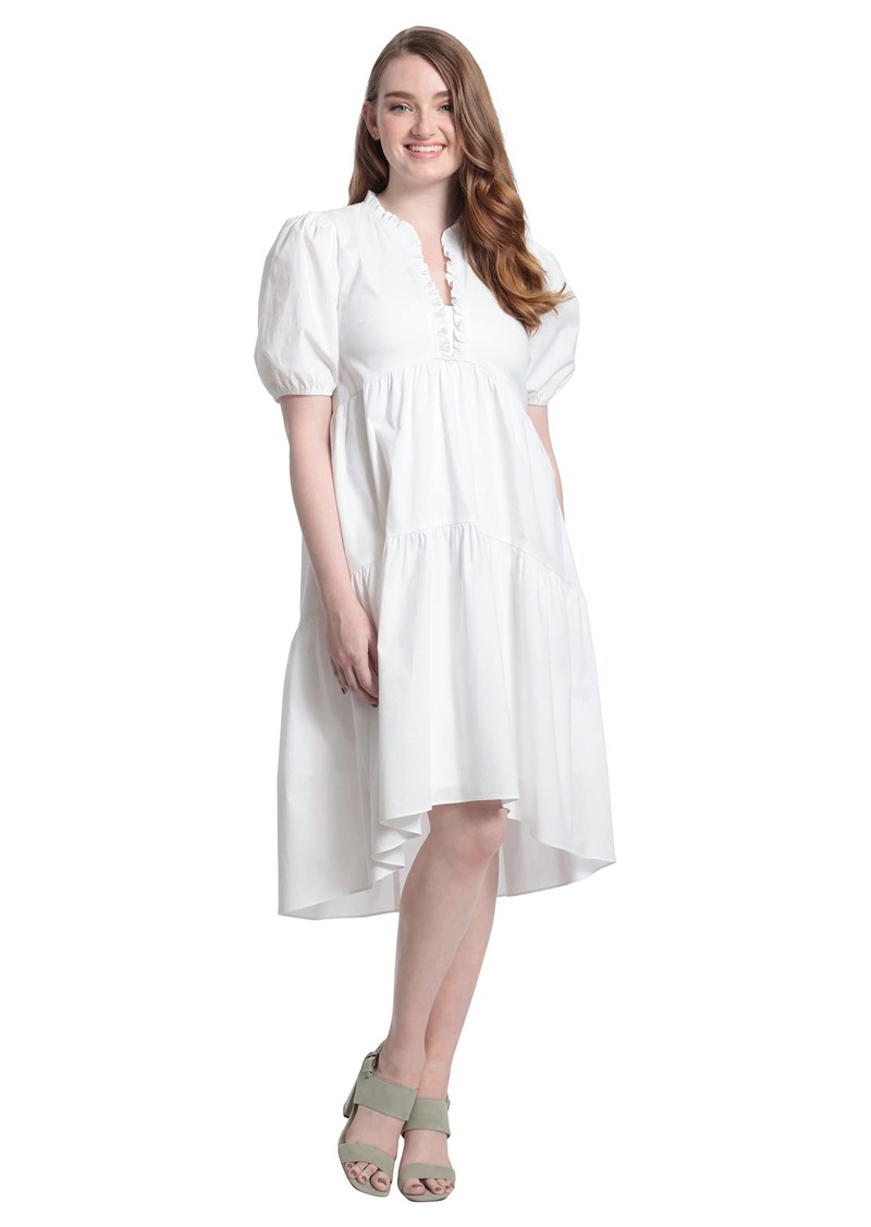 Maggy London London Times Women's Plus Size Short Sleeve Ruffle V-Neck Tiered Hi-Low Tent Dress  16W